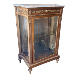 Vintage French Louis XVI Marble Gilt Glass Display Vitrine Cabinet