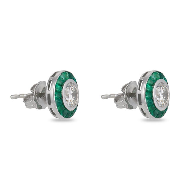 Mid 20th Century Mid 20th Century Pair of Art Deco Inspired Diamond Emerald Target 18k White Gold Stud Earrings For Sale - Image 5 of 6
