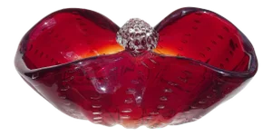 Murano Red Orange Amberina Controlled Bubbles Vintage Italian Art Glass Basket Shape Bowl