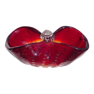 Vintage Murano Red Orange Amberina Controlled Bubbles Italian Art Glass Basket Shape Bowl For Sale