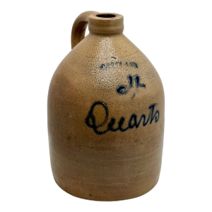 Unusual Small Antique American Blue Script Decorated "4 Quarts" 1 Gallon Size Stoneware Sprits Jug by Cortland New York