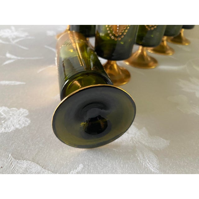 1950s Mid-Century, Blown Glass Cocktail Glasses, Salviati Murano Attributed, Green & Gold, Cylindrical Shape, Short Stem- Set of 11 For Sale - Image 17 of 17