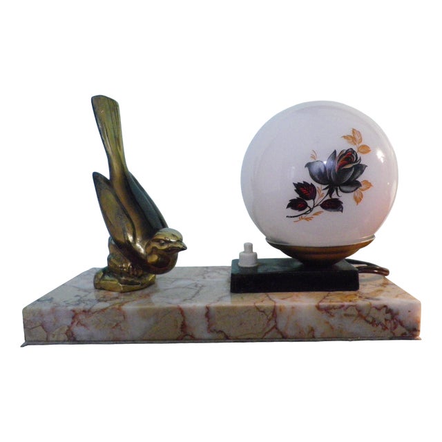 Table Lamp with Marble Base, Brass Bird Decoration and Opaline Lampshade, 1940s For Sale