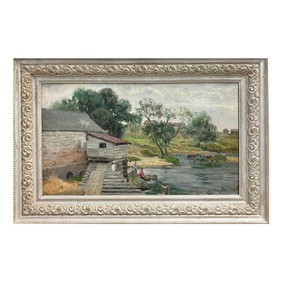 Andrey Ovcharov, Water Mill, Oil on Cardboard, 1955 For Sale