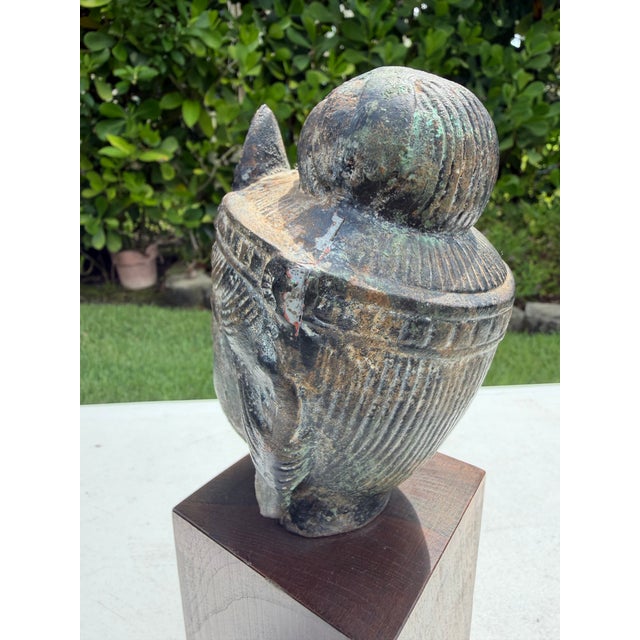 Vintage Asian Bronze Buddha Head on Wood Pedestal For Sale - Image 12 of 12