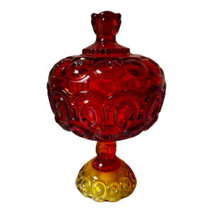 Vintage L E Smith Amberina Ruby Red Moon and Stars Pedestal Dish With Lid