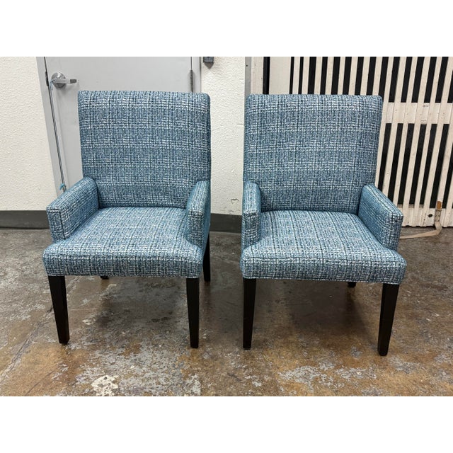 Design Plus Gallery presents a Pair of Brattle Road Arm Chairs from Vanguard Furniture. The pair of chairs have a blue...