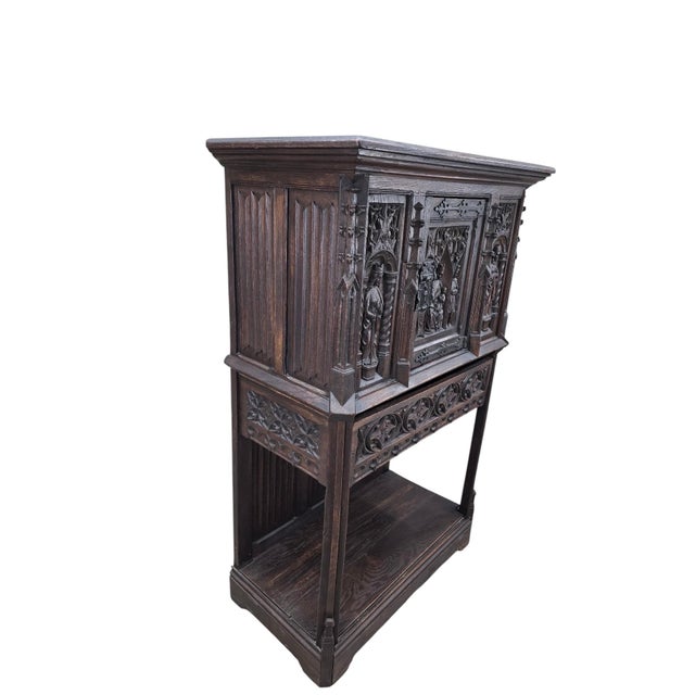 Wood Antique French Gothic Revival Carved Oak Cabinet With Religious Figures For Sale - Image 7 of 8