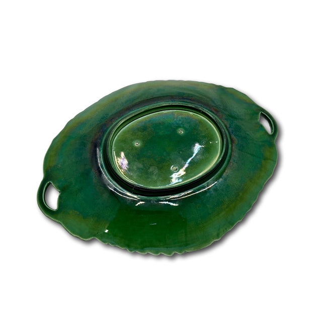 1900s Antique Green English Embossed Leaf Majolica Two Handle Serving Tray - 12 Inches Long For Sale - Image 12 of 13