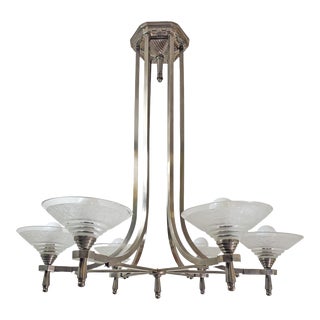 Mid 20th Century Original French Six Arm Nickeled Bronze Chandelier With Acid Etched Frosted Art Glass Cups For Sale
