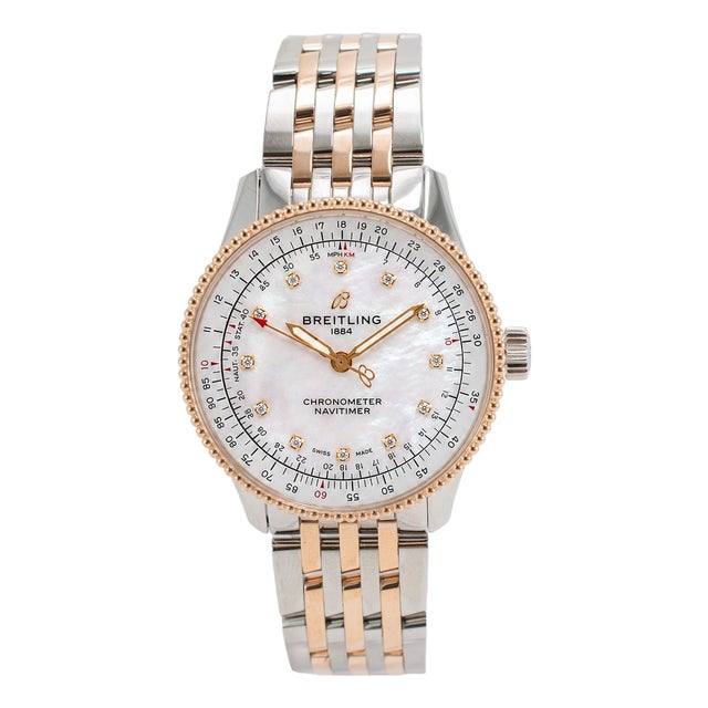 Ladies Breitling Navitimer 35mm U17395 Mop Dial 18k Rose Gold and Steel Watch For Sale