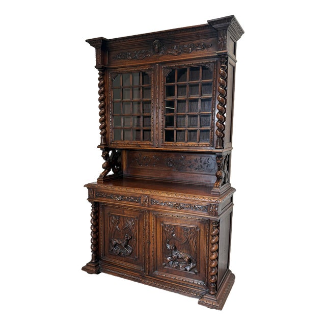 Antique Carved Oak Display Cabinet with Barley Twist Columns For Sale