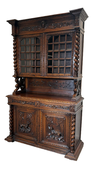 Antique Carved Oak Display Cabinet with Barley Twist Columns