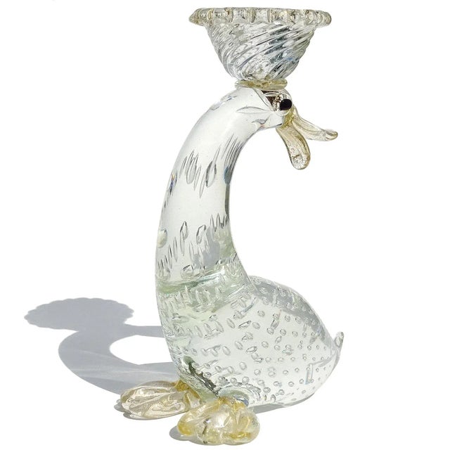 Antique Barovier Toso Murano Crystal Clear Gold Flecks Italian Art Glass Duck Candlestick Sculpture For Sale In Orlando - Image 6 of 10