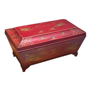 Burton-Ching Red & Gold Chinoiserie Decorated English Regency Tea Caddy For Sale