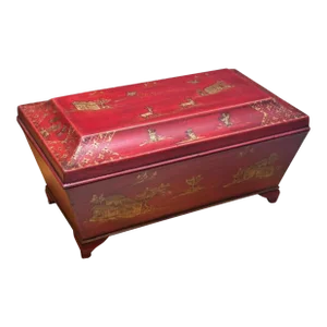 Burton-Ching Red & Gold Chinoiserie Decorated English Regency Tea Caddy