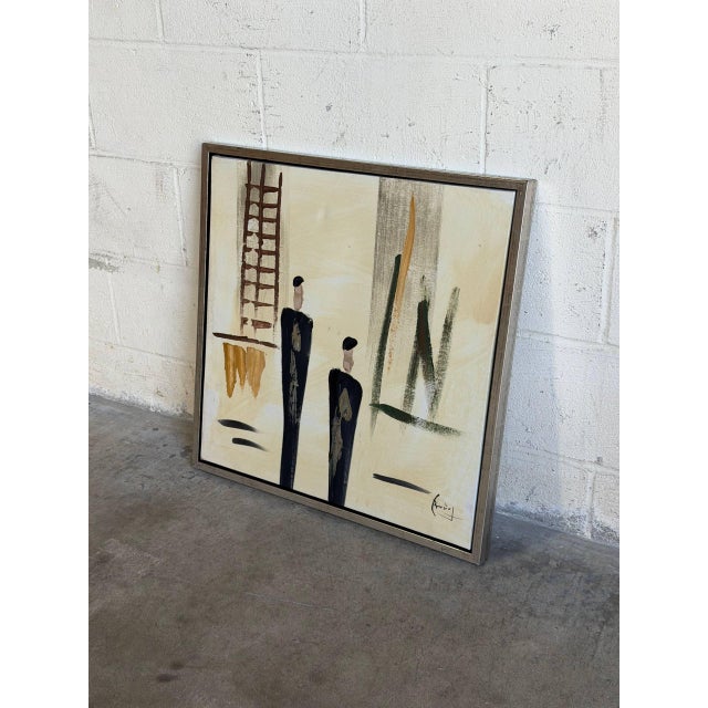 This striking canvas painting features an abstract composition depicting two figures in neutral and dark tones. Framed...