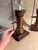 Hobbyist made, antique oil lamps outfitted with electric. Shade hat’s slide up and down the brass pole is adjusted by...