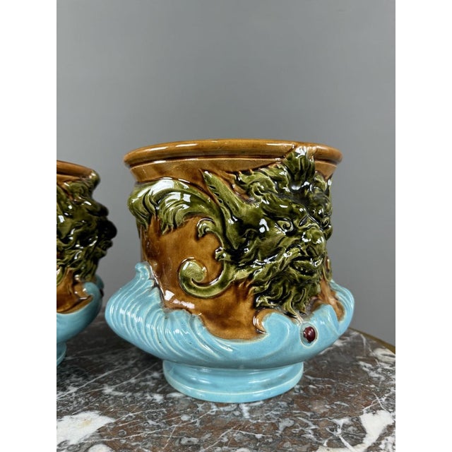 19th Century Mascaron-Decorated Earthenware Cachepots, Set of 2 For Sale - Image 3 of 11