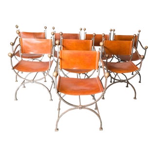 Mid 20th Century Italian Steel and Leather Curule Chairs - Set of 8 For Sale