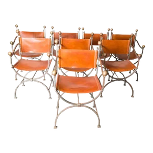 Mid 20th Century Italian Steel and Leather Curule Chairs - Set of 8