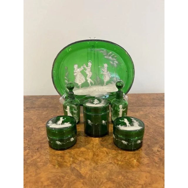 Victorian Green Dressing Table Set by Mary Gregory, 1860s, Set of 6 For Sale - Image 4 of 7