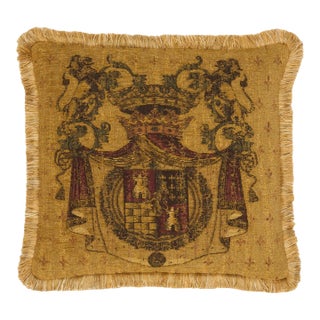 Blazon Tapestry Cushion With Gold Fringe With Feather Filler - 46 X 46cm For Sale