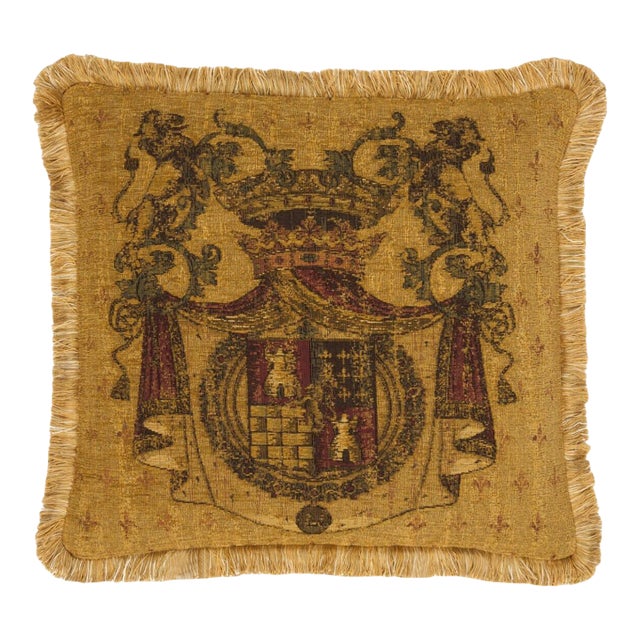 Blazon Tapestry Cushion With Gold Fringe With Feather Filler - 46 X 46cm For Sale