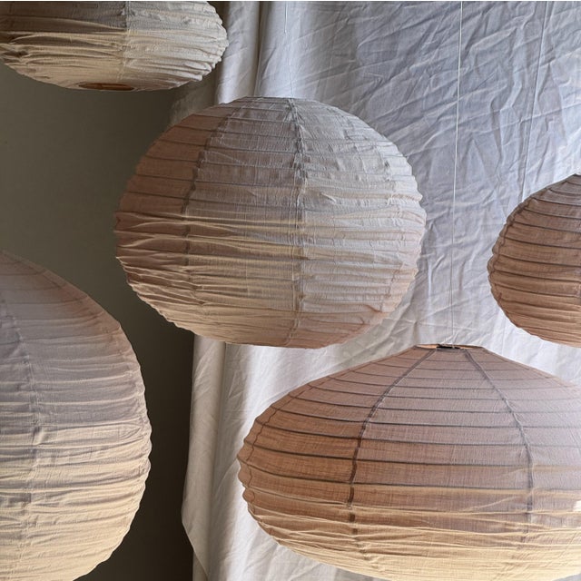 Large Round Pink Japanese-Style Rattan and Natural Linen Pendant Light For Sale - Image 18 of 18
