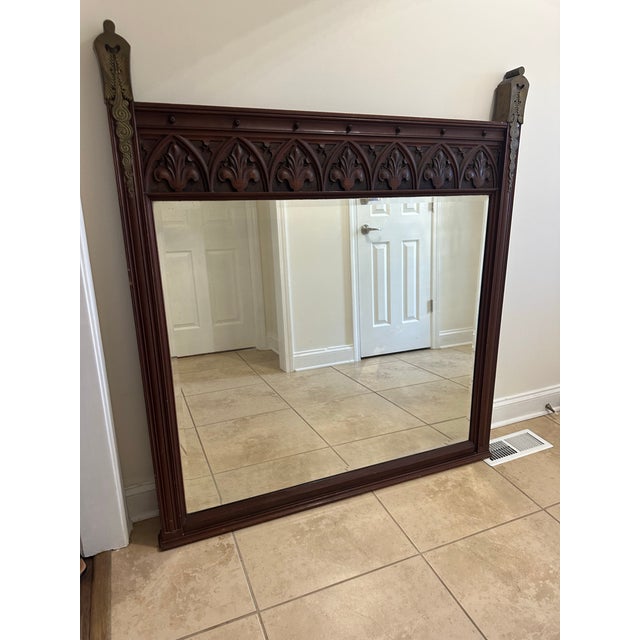 Brown Large Antique Gothic Revival Carved Wood Overmantel Mirror For Sale - Image 8 of 8