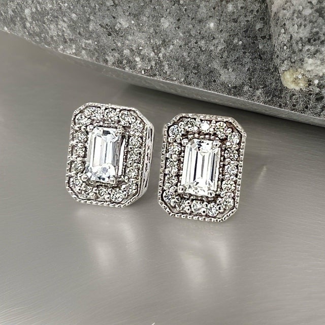 Natural Sapphire Diamond Stud Earrings 14k W Gold 0.96 TCW Certified For Sale - Image 4 of 16