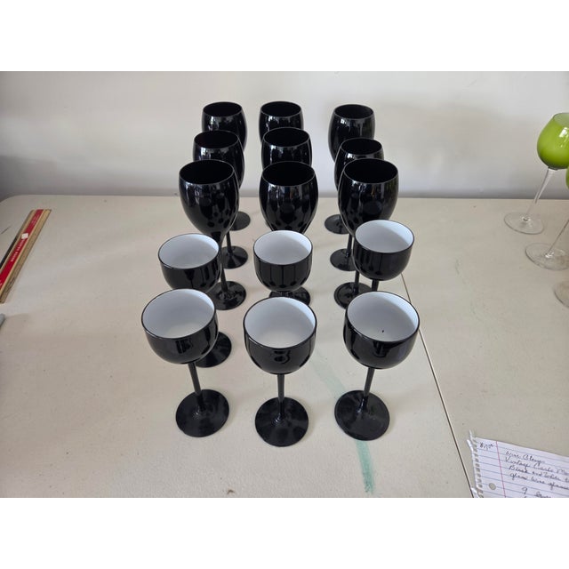 Vintage Carlo Moretti Italian. Black and white tall stem cased Wine glasses. Set of 15, 6 small and 9 large.