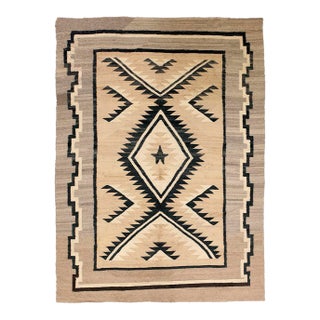 1920s Beige Medallion Tribal Antique American Navajo Carpet 4'2" X 5'10" Flatweave Wool Rug For Sale