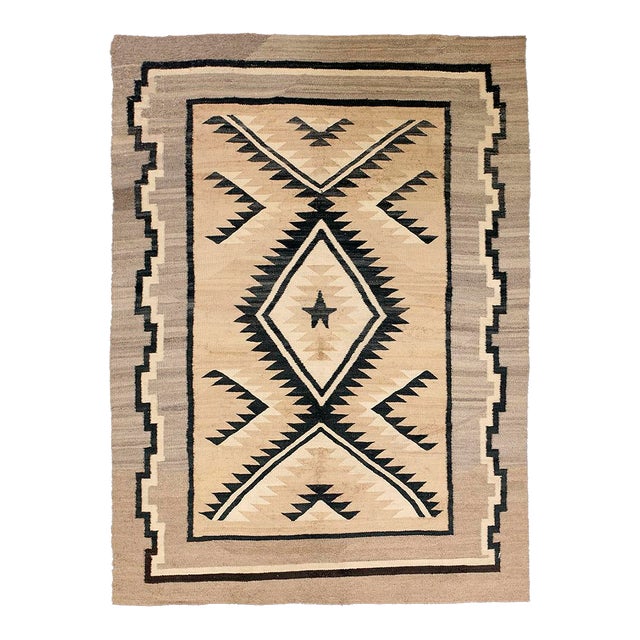 1920s Beige Medallion Tribal Antique American Navajo Carpet 4'2" X 5'10" Flatweave Wool Rug For Sale