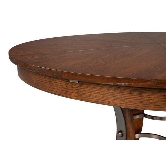 Brown Transitional Round Dining Table, Medium - Warm Brown Oak With Hammered Iron Accents For Sale - Image 8 of 11