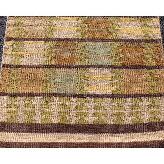 Olive Modern Scandinavian Flat Weave Rug in Olive, Brown, and Soft Beige For Sale - Image 8 of 10