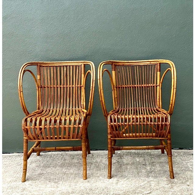 Kindt-Larsen Vintage 1940s Danish Tove Kindt Larsen for Robert Wengler Stick Rattan Lounge Chairs - A Pair For Sale - Image 4 of 12