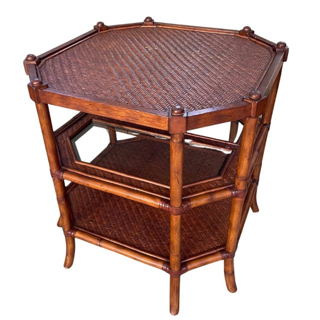 Late 20th Century American 3-Tier Octagonal Faux Bamboo Side Table Woven Rattan Top For Sale - Image 5 of 10