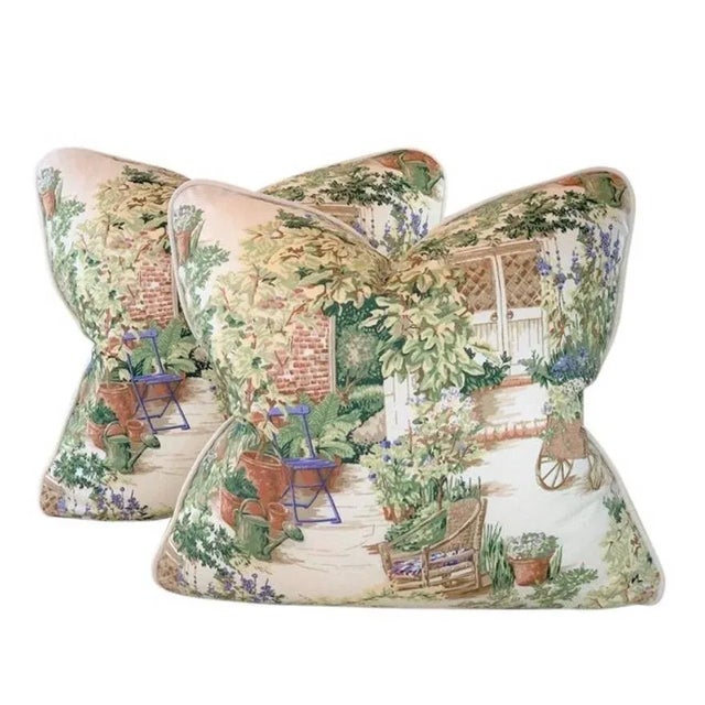 2020s Designer Kingsway "Garden Gate" Cream Green Periwinkle Purple French Country Floral Garden Toile Pillow Covers - a Pair For Sale - Image 5 of 5