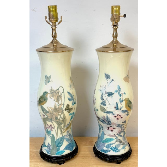Pair of English Decoupage Yellow-Ground Bird & Botanical Lamps, circa 1970s This refined pair of English decoupage lamps,...