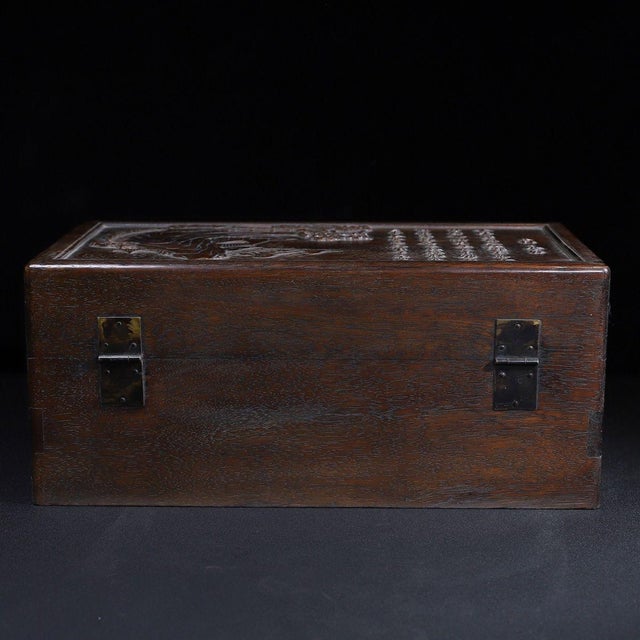 Pair of Huali Rosewood Nesting Boxes Carved With Landscape & Poetry For Sale In Los Angeles - Image 6 of 9