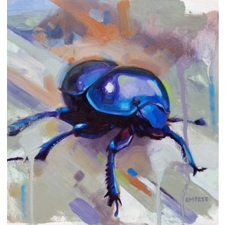 Beetle by Ryan Morse | Oil Painting of a blue beetle on a textured background For Sale
