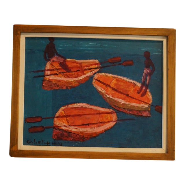 Calixte Henri Haitian Painting of Boys in Boats For Sale