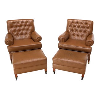 Pair of Chesterfield Style Leather Chairs W/ Ottomans Brown to Tan For Sale
