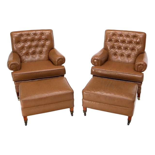Pair of Chesterfield Style Leather Chairs W/ Ottomans Brown to Tan For Sale