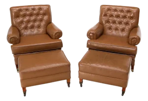 Pair of Chesterfield Style Leather Chairs W/ Ottomans Brown to Tan
