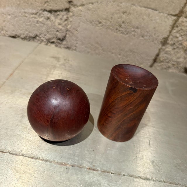 1960s Modern Nesting Salt & Pepper Shaker Rosewood Ball + Cylinder Mid-Century For Sale - Image 13 of 13