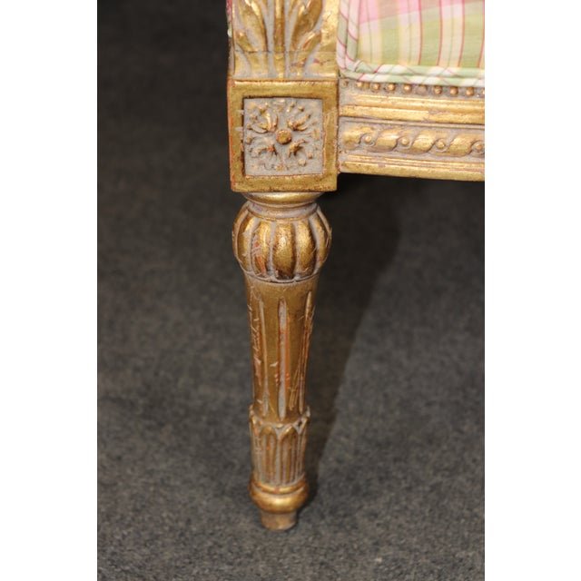Pair of Louis XVI Style Gilt Carved Arm Chairs With Plaid Upholstery For Sale - Image 13 of 15