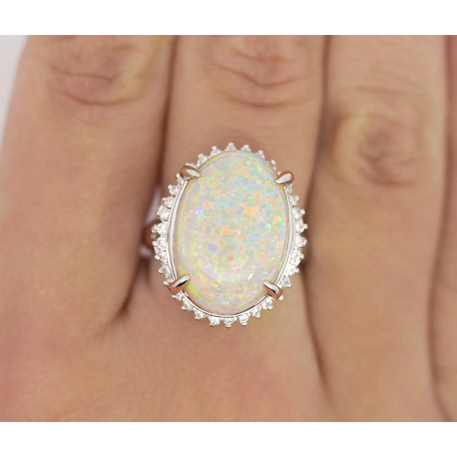 7.86 Carat Natural White Opal and Diamond Halo Platinum Ring For Sale - Image 10 of 12