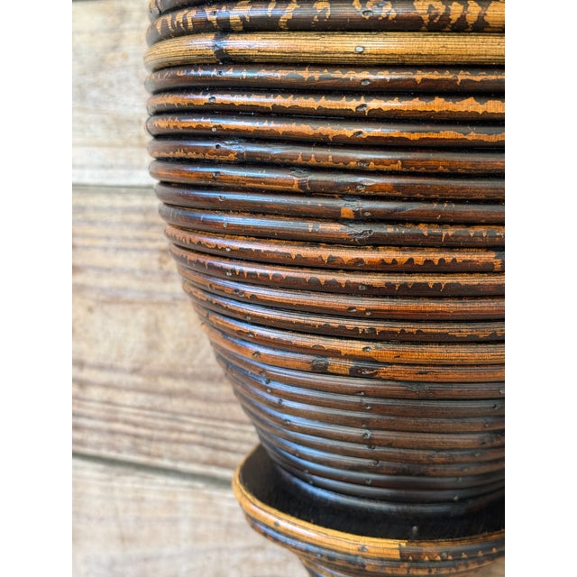 English Vintage Boho Sculptural Pencil Rattan Wall Sconces With Ribbed Urn Form For Sale - Image 3 of 11